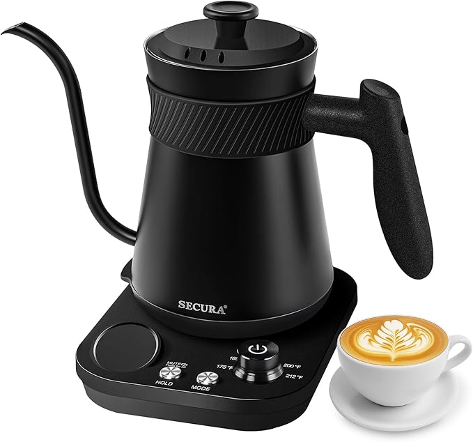 Secura Electric Gooseneck Kettle with 5 Temperature Control Presets, 100% Stainless Steel Inner Tea/Coffee Kettle with 1.5H Keep Warm, 1200 Watt Quick Heating for Coffee Tea Brewing, 0.8L, Matt Black