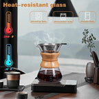 Pour Over Coffee Maker with Reusable Stainless Steel Drip Filter, Lead-Free Borosilicate Glass Coffee Carafe with Modern Wooden Collar for 1-2Cup, Circular Clear (400ml/13.5oz)