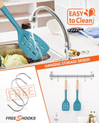 Pack of 2 Silicone Spatula, Non Stick Cooking Utensil Set Wooden Handle Kitchen Turner for Baking Mixing Grilling Serving Food Heat Resistant Non Scratch Hooks Included (Blue)
