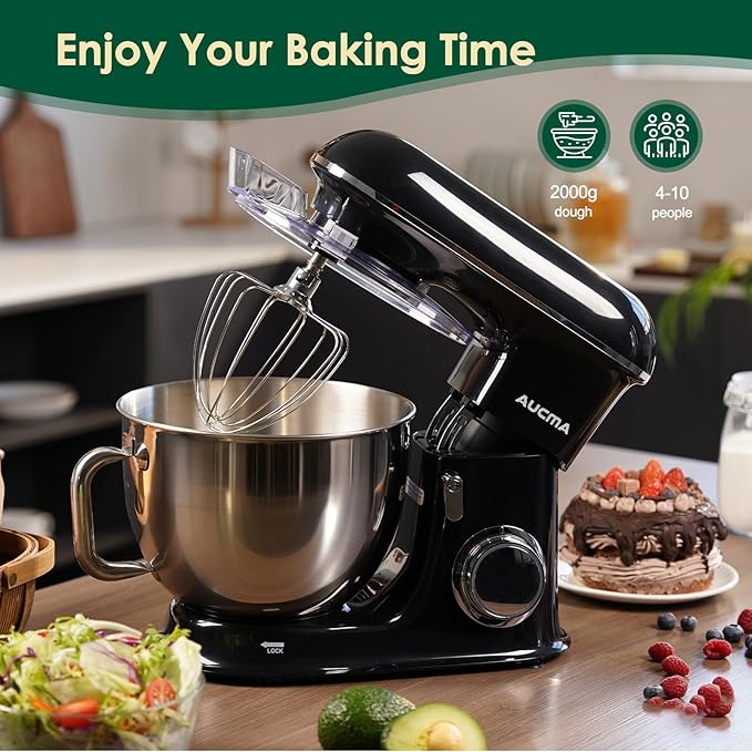 Aucma Stand Mixer,8.5QT 900W Tilt-Head, Large Capacity Kitchen Electric Mixer with Dough Hook, Wire Whip & Beater (Black, 8.5QT)