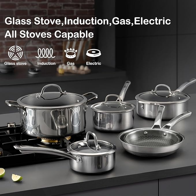 Sauce pan with lid,2.5 Quart Hybrid Nonstick Sauce pans set, Stainless Steel cookware,non stick Pots PFOA Free,Works on Induction,Ceramic and Gas Cooktops