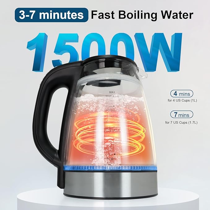 1500W Electric Kettle with Temperature Control - 6-Temp Presets for Tea/Coffee, Double Wall Cool-Touch, 4H Keep Warm, 1.7L Borosilicate Glass & BPA-Free, Fast Boil for Home/Office