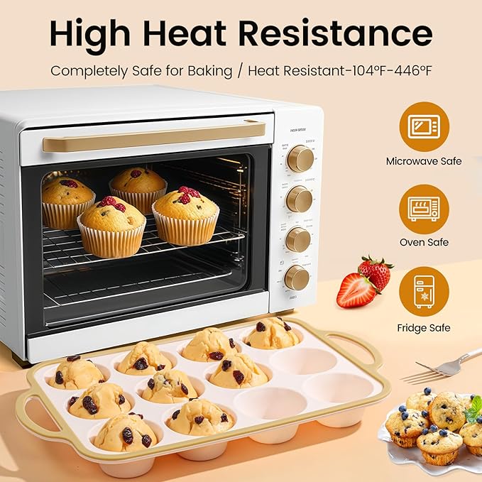 Silicone Muffin Pans for Baking 1 Pack, 2.6 Inch with Metal Reinforced Frame, Regular Size Nonstick Cupcake Pan 12 Cups for Baking Homemade Muffins, Dishwasher Safe BPA Free-Light Yellow