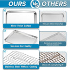 TeamFar Baking Tray with Rack, 12.5 x 10 x 1 Inch Stainless Steel Toaster Oven Baking Pan with Grid Rack for Baking Roasting Cooling, Healthy & Heavy-Duty, Oven & Dishwasher Safe, 2pcs