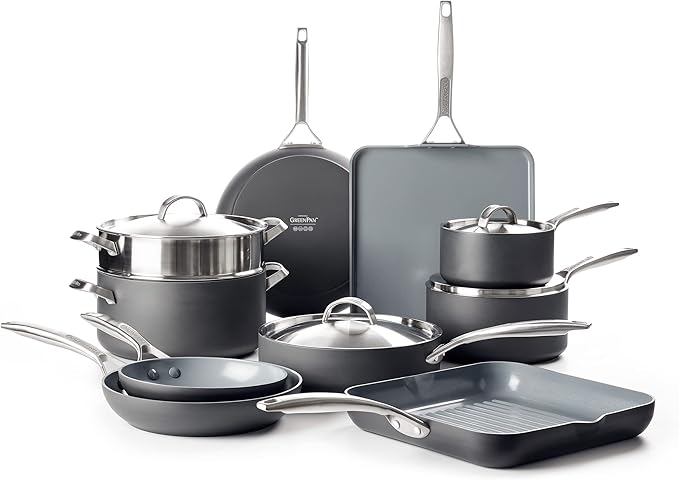 GreenPan Paris Pro Hard Anodized Healthy Ceramic Nonstick, 14 Piece Cookware Pots and Pans Set with Stainless Steel Lids, PFAS-Free, Dishwasher Safe, Grey