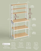 VASAGLE Bakers Rack with Power Outlet, 31.5 Inches Coffee Bar for Kitchen with Storage, 6-Tier Kitchen Shelves with 6 Hooks, Microwave Stand, Golden Oak and White UKKS119Y01