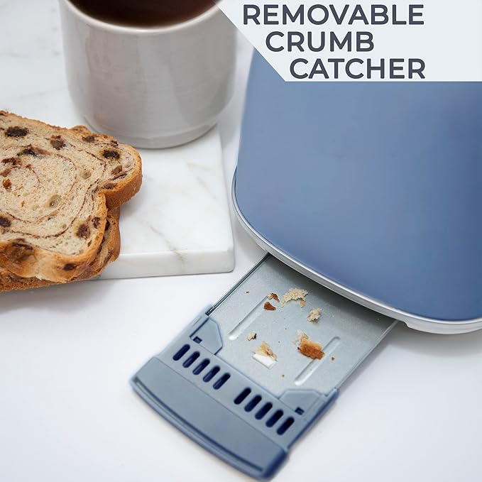 Rae Dunn Retro Rounded Bread Toaster, 2 Slice Stainless Steel Toaster with Removable Crumb Tray, Wide Slot with 6 Browning Levels, Bagel, Defrost and Cancel Options, Navy
