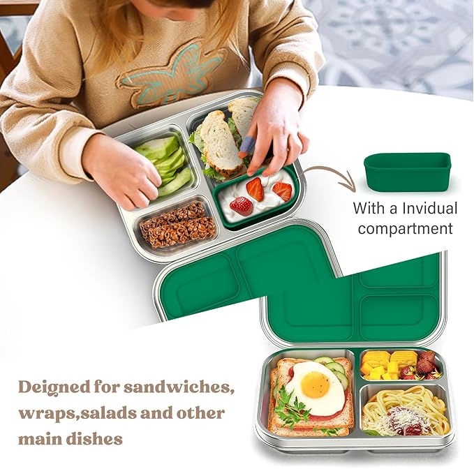 Stainless Steel Bento Box Kids, 3 Compartments Leak Proof Metal Bento Lunch Box, 304 Stainless Steel Bento Lunch Containers for School and Office,Dishwasher Safe, BPA-Free-Green