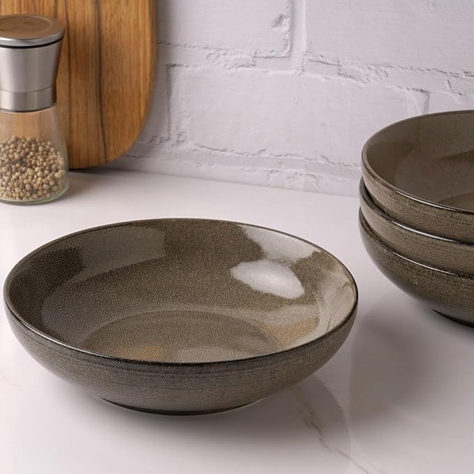 famiware Tempus Pasta Bowls Set of 4, 40 oz Bowls for Kitchen, Stoneware Deep Serving Bowls, Dishwasher & Microwave Safe Bowls for Cereal, Salad, Soup, Dessert etc - Dark Olive