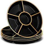Plasticpro 6 Sectional Round Plastic Serving Tray/Platters Black & Gold Pack of 8