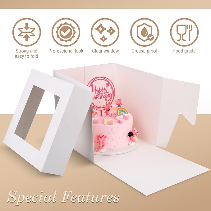 Cakebon Cake Boxes with Boards - 12 Inch Round Cake Drum Silver - Box With Window for Birthdays, Weddings and Parties (1pc Each, 2pcs Total)