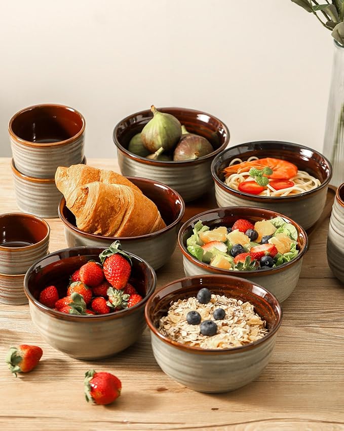 Hasense Ceramic Soup Bowls Set of 6, 20 Ounce Cereal Bowls for Serving,Oatmeal, Rice, Desserts, Salads, and Pasta, Serving Dishes for Entertaining, Microwave and Dishwasher Safe, Light Grey