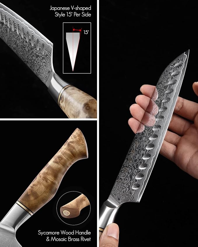 HEZHEN 7” Santoku knife, Damascus Steel Chef Knife, Asian Kitchen Knife Japanese Style, Figured Sycamore Wood Handle