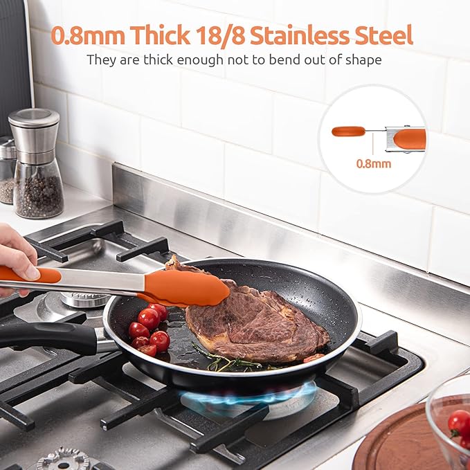 600ºF Heat Resistant Kitchen Tongs: U-Taste 9+12 inch Silicone Cooking Tong Set with Firm Sealed Non Stick Rubber Tips and Silicon Coated 18/8 Stainless Steel Handle for Serving Grilling Salad(Orange)