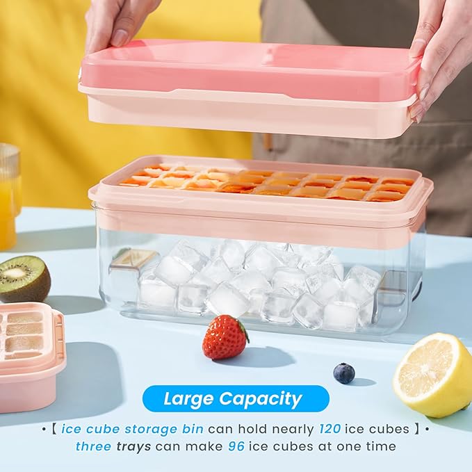 PHINOX Ice Cube Tray with Lid and Bin, 3 Pack Plastic Ice Cube Tray Molds, 96(4 * 8 * 3) pcs Ice Trays for freezer, Chilling Drinks, Whiskey & Cocktails, with Ice Container and Ice Scoop, BPA-Free