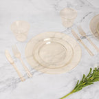 Goodluck 700 Piece Gold Glitter Plastic Dinnerware Set for 100 Guests, Disposable Plates for Party, Include: 100 Dinner Plates, 100 Dessert Plates, 100 Pre Rolled Napkins with Silverware, 100 Cups
