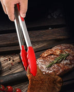 Red Stainless Steel Tongs Heat Resistant Kitchen Tongs Set - 9" & 12" Inch, BBQ Tongs with Silicone Tip, Strong Grip for Cooking, Salad Tossing, Air Fryer, & Grill Tongs- Pull Lock, Red - Set of 2