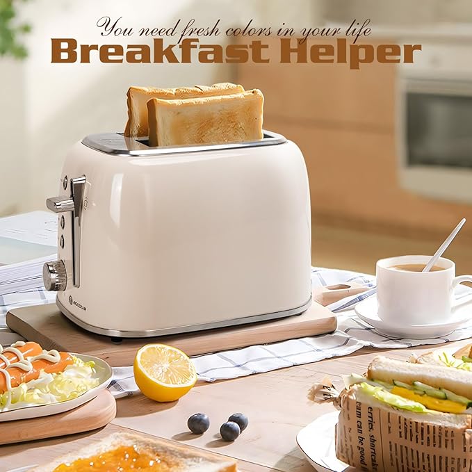 Aigostar Toaster 2 Slice, Retro Extra-Wide Slot Toasters Best Rated Prime for Toasting Bagels, Breads, Waffles & More, Cancel, Defrost & 6 Browning, Removable Crumb Tray, Stainless Steel, Cream White