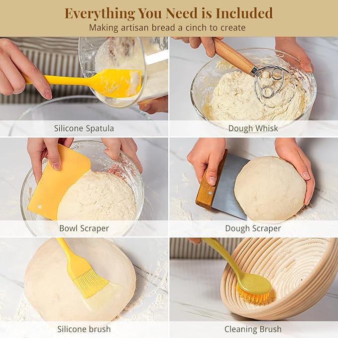 Sourdough Starter Kit, 9" Round & 10" Oval Banneton Bread Proofing Baskets Set, Sourdough Bread Baking Supplies Making Tools with Dough Scraper, Whisk, Bread Lame, Silicone Sling, Recipe
