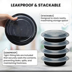 Klex 12 Oz, 50 Sets Meal Prep Containers with Airtight Lids, BPA Free, Reusable Plastic Food Container, 12 oz, Round, Black/Clear, 50 Sets