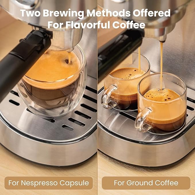Gevi Espresso Machine 20 Bar with Portafilter for Nespresso Original Capsules and Coffee Powder, Professional Espresso Maker with Milk Frother for Cappuccino, Latte, Compact Espresso Coffee Machine
