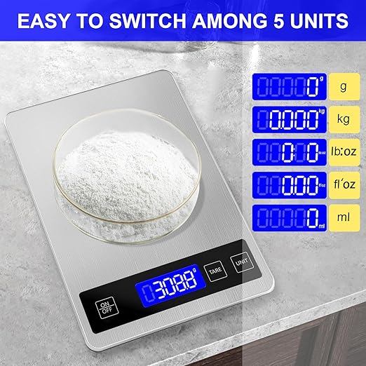 22lb Food Scale, Digital Kitchen Scale Weight Grams and oz for Weight Loss Cooking Baking, 1g/0.1oz Precision, Rechargeable and Waterproof, Stainless Steel and Tempered Glass, Gray Silver