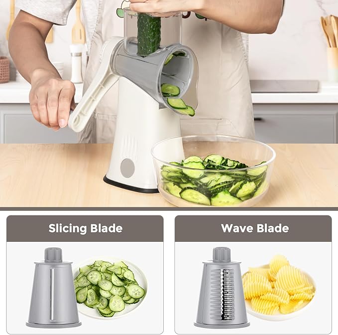 X Home 5-in-1 Rotary Cheese Grater for Kitchen, Upgraded Hand Crank Shredder with Stronger Suction Base & Multifunctional Drum Blades, for Cheese, Vegetables and Nuts, Easy to Use and Clean, White