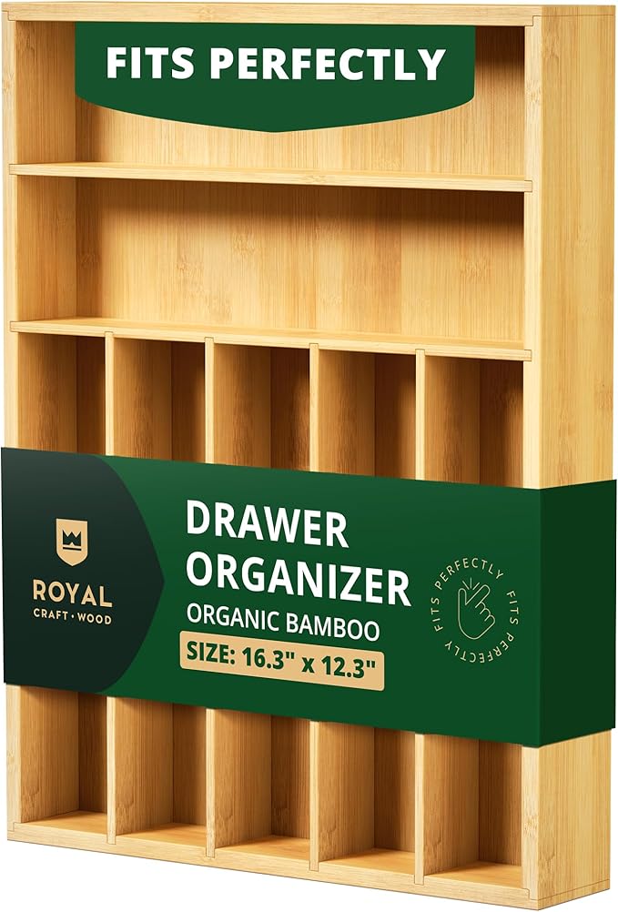 ROYAL CRAFT WOOD Luxury Bamboo Utensil Rack and Silverware Organizer, Kitchen Drawer Organizer - Utensil Holder and Cutlery Tray with Grooved Drawer Dividers for Flatware 7 Slot, Natural