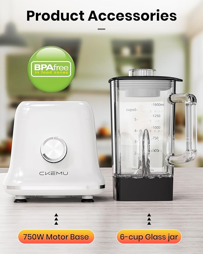 Professional Blender For Smoothies, 58 Oz Glass Jar, Glass Blender Including Puree & Crush Ice Functions, 750 Watts, B02 (White)