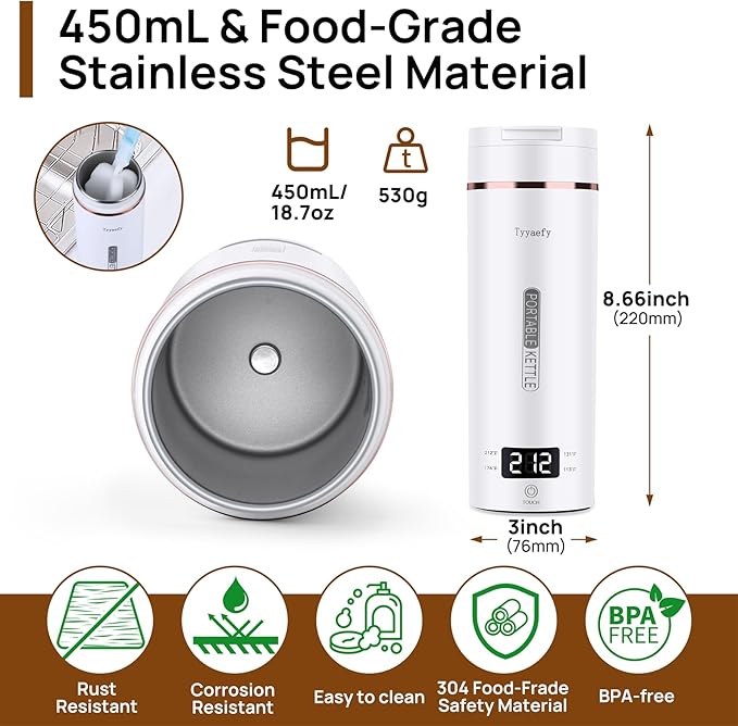 Portable Electric Kettle with Drinking Spout, Plug-in with Travel Bag, 450mL 304 Stainless Steel, 4 Preset Temp, Rapid Boiling – Home/Office/Hotel/Caravan/Dorm/Business Trip