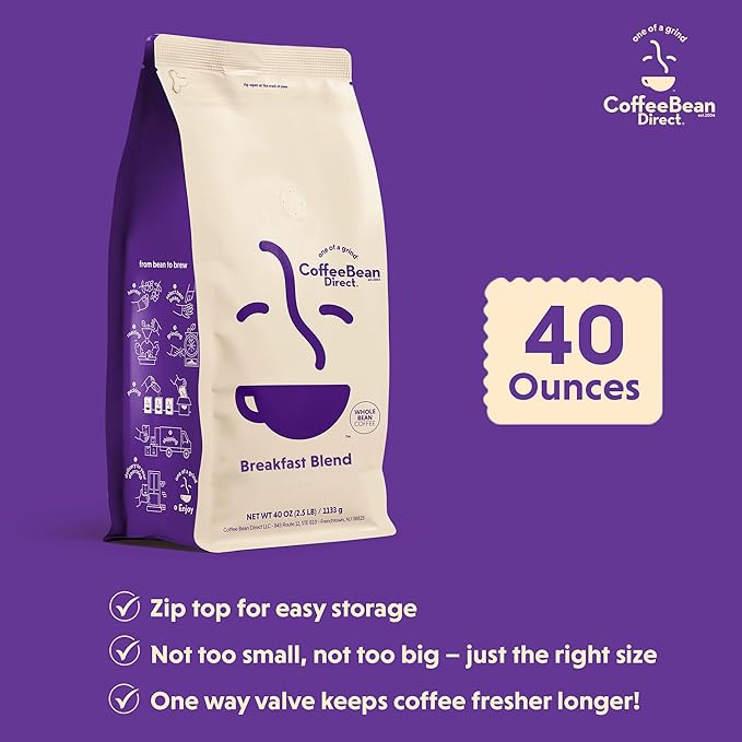 Coffee Bean Direct Breakfast Blend, Whole Bean Coffee, Mild and Mellow, Mixed Roast, 2.5 Pound Bag (Pack of 1)