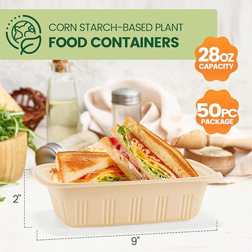 100 Piece (50 Pack) Meal Prep Containers with Lids, 28 oz Cornstarch Food Storage Containers Plant-based Lunch Box for Salad,BPA Free Plastic Take Out Containers Microwave and Freezer Safe