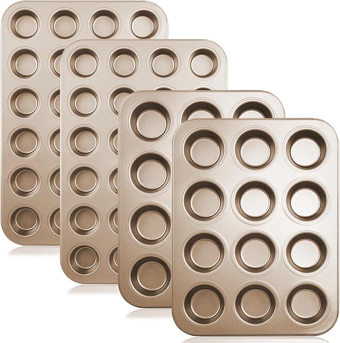Nsmykhg Nonstick Muffin Pan,4 Packs Nonstick Muffin Pan, Mini Cupcake Pans Set, 12 Cup and 24 Cup Gold Carbon Steel Bakeware Muffin Tin Champagne Mini Muffin Tray Oven Safe Cupcake Mold