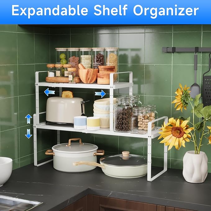 Expandable Cabinet Shelf Organizer, Stackable Kitchen Pantry Counter Storage, Adjustable Closet Cupboard Stand Rack Risers Spice Organization 80LBS Heavy Duty White Large 1 Pack