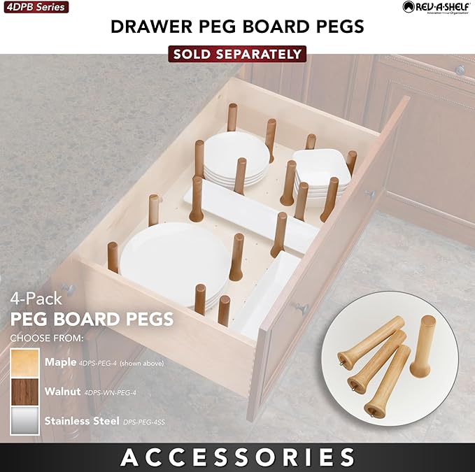 Rev-A-Shelf Trimmable Pegboard Drawer Divider Organizer, Trim to Fit Wooden Kitchen Cabinet Storage Utensil, Pots & Dish Rack, 30" x 21", 4DPS-3021