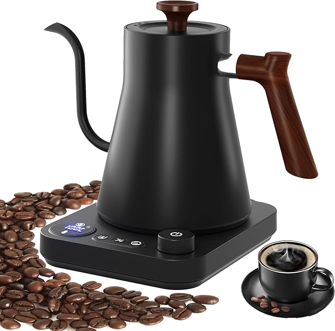 RHD Electric Gooseneck Kettle with LCD Display, Real-Time Temp Control Hot Water Boiler to Pour Over Coffee, Brew Tea, Switchable ℉/℃, 1200 Watt Quick Heating Pot, 0.9L, 304 Stainless Steel,Matt Black