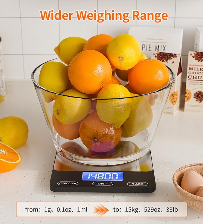 Food Scale -33lb Digital Kitchen Scale for Food Ounces Grams Rechargeable 305 Stainless Steel,Batteries and Type-C Charging | Perfect for Meal Prep, Cooking, and Baking, Black