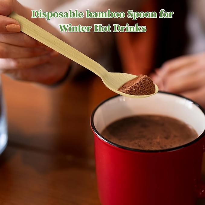 ECOLipak 300 Count Bamboo Spoons Disposable, 6.7 Inch No Splinters Heavy Duty Bamboo Disposable Compostable Spoons for Party, Wedding, Camping, Traveling, Family Dinners, Large Events