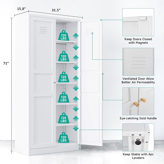 SISESOL White Metal Storage Cabinet,71" Tall Pantry Cabinet,Kitchen Pantry Storage Cabinets with 2 Doors and 6 Shelves,Wide Deep Food Cupboard for Home,Kitchen,Dining/Living Room