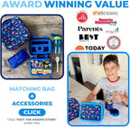Bento Lunch Box with Bag, Water Bottle & Ice Pack Set for Kids Toddlers, 4 Portion Sections, Removable Tray, Pre-School Boy Toddler Daycare Lunches, Insulated Snack Container, Blue Space Dinosaur