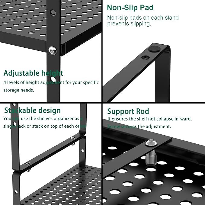 iPEGTOP Large Expandable Cabinet Storage Shelf Organizer Rack, Heavy Duty Stackable Steel Metal Spice Rack Adjustable Height Office Pantry Garage Shelves for Counter Kitchen, Black - 1 Pack