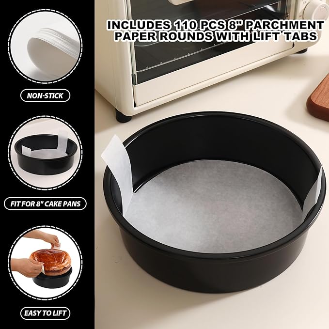 8 Inch Cake Pan Set of 3, Nonstick Round Cake Pans with 110 PCS Parchment Paper, Non-Toxic Carbon Steel Cake Baking Pans, Dishwasher Safe