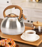 Classic Stainless Steel Whistling Kettle 3.2 Quart - Brushed Metal Finish with Wooden Handle, Stovetop Water Boiler for Home & Kitchen, Loud Alert Whistle & Drip-Free Spout (Silver)