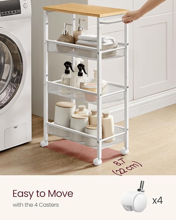 VASAGLE Slim Rolling Cart, 4-Tier Storage Cart, Narrow Cart with Handle, 8.7 Inches Deep, Metal Frame, for Kitchen, Dining Room, Living Room, Home Office, Oak Beige and Classic White ULRC033W09
