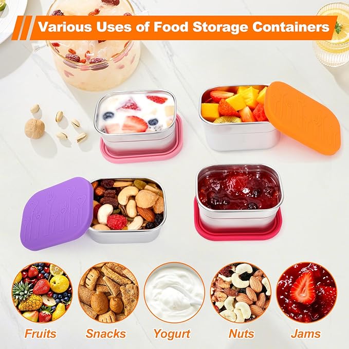 4 Pack Stainless Steel Snack Containers with Lids Set, 8 oz Rectangular Easy Open Leakproof Reusable Snack Box Container for Lunch, Small Lunch Food Containers for Meal Prep, Salad Dressing To Go