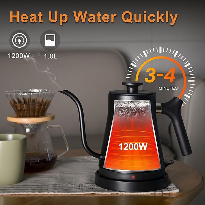 Electric Gooseneck Kettle, 304 Stainless Steel Coffee Kettle, Auto Shutoff Anti-dry Protection, Classic Pour-over Coffee & Tea,Matte Black 1.0L-1200W Fast Boiling Water Boiler by YUIOASE