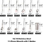 18/10 Stainless Steel Kitchen Utensils Set with Holder - 15″ Spatula Spoon Set with Storage Organizer for Countertop, Fork, Tongs, Spatula, Ladle, Skimmer, Turner, Spaghetti, Large Spoon Set of 12