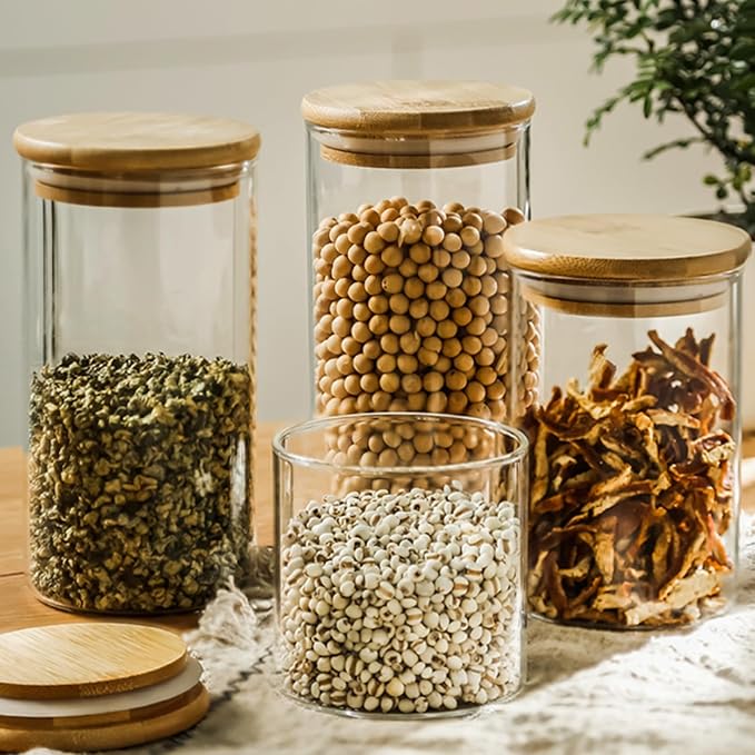34oz Glass Food Storage Jars, Glass Jars with Bamboo Lids, Kitchen Storage Jars, Set of 8, Canisters with Airtight Lids for Spice, Coffee, Cookie, Pantry Organizers