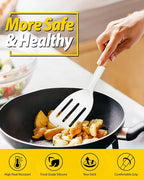 Pack of 2 Silicone Cooking Spatula, Heat Resistant Solid Turner, Non Stick Slotted Spatulas with Wooden Handle,Ideal Wood Kitchen Utensils Set for Frying, Baking, Flipping, Turning (WHITE)