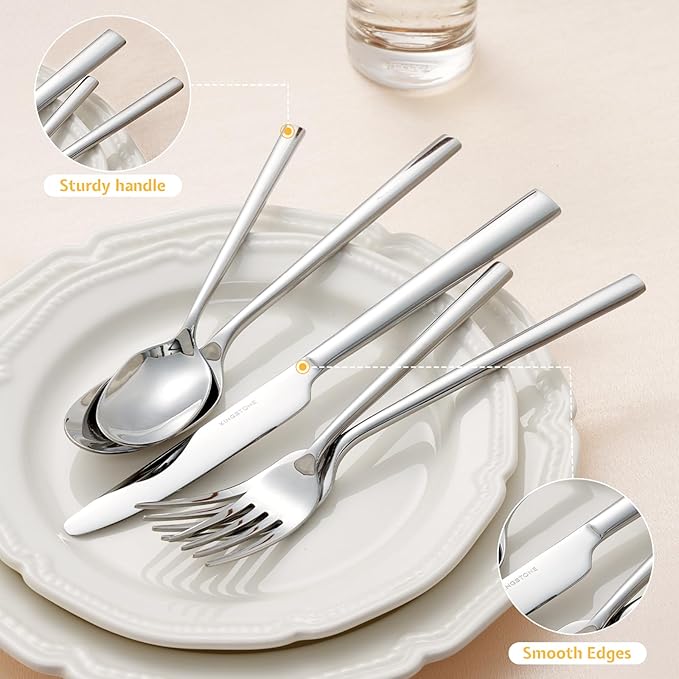 KINGSTONE Silverware Set, 60-Piece Forged Flatware Set Cutlery Set Premium Stainless Steel, Service for 12, for Kitchen, Home, Wedding, Party, Mirror Polished and Dishwasher Safe
